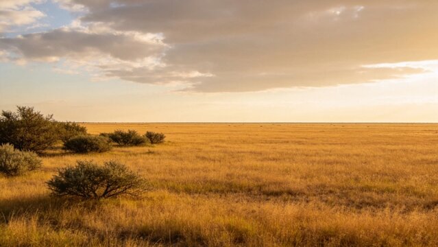 Vast open grassland with scattered shrubs and big sky overhe