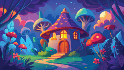 Obraz premium Whimsical Mushroom House in a magical forest at twilight with glowing and vibrant foliage