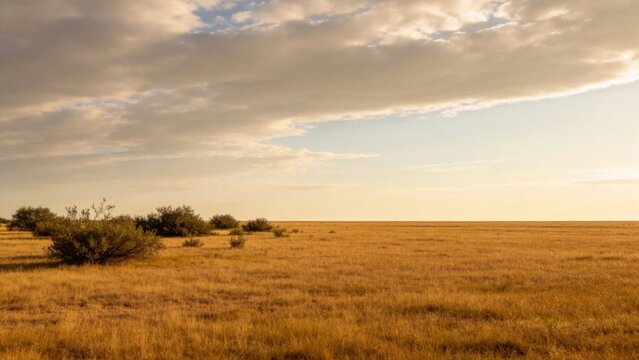 Vast open grassland with scattered shrubs and big sky overhe