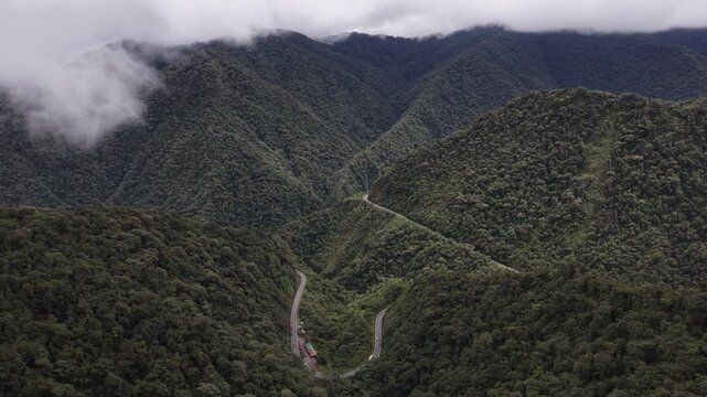 Aerial View of Cloud Forest and Mountain Road in Mindo Ecuador