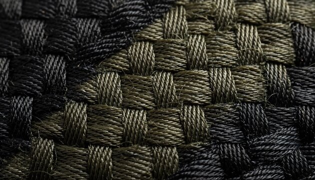Close-Up View of Intricately Woven Textiles Featuring Dark and Olive Green Threads in a Unique Pattern