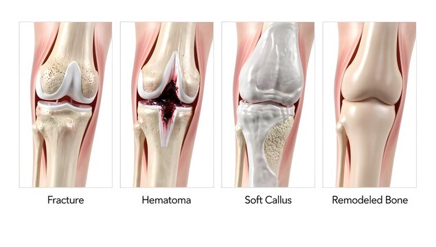 Ultra-realistic diagram of broken leg healing stages, with separate panels for fracture, hematoma, soft callus, hard callus, and remodeled bone, minimal clean background, premium medical detail