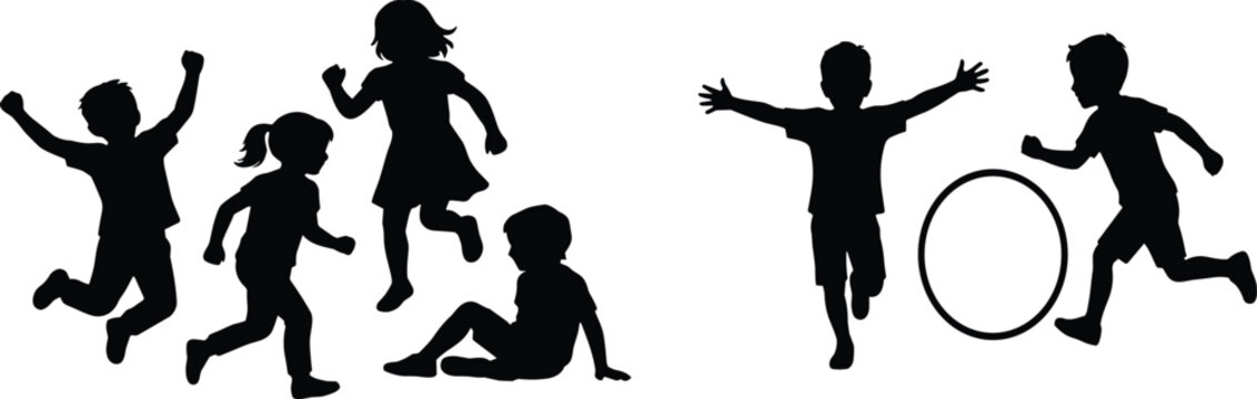 Silhouettes of children playing, running, jumping, and interacting with hoop, showcasing joy, energy, and activity in minimalist illustration design
