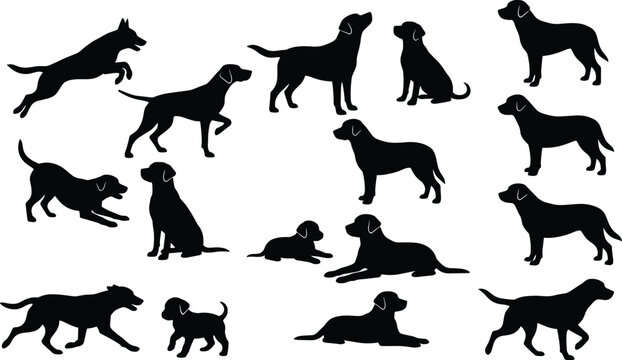 Silhouettes of dogs in multiple poses, showcasing standing, sitting, running, jumping, and lying positions in minimalist animal illustration design