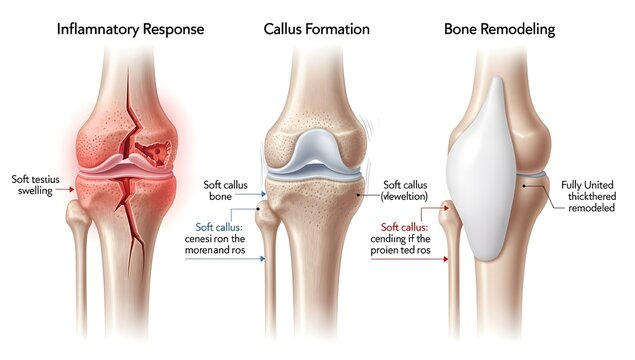 Diagram of different stages of leg fracture healing including inflammatory response, callus formation, and remodeling