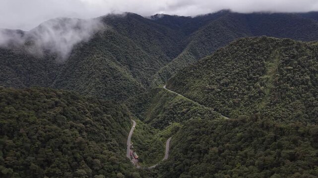 Aerial View of Cloud Forest and Mountain Road in Mindo Ecuador