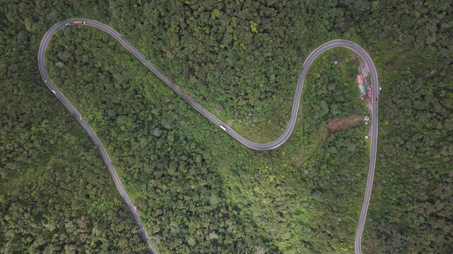 Aerial View of Cloud Forest and Mountain Road in Mindo Ecuador