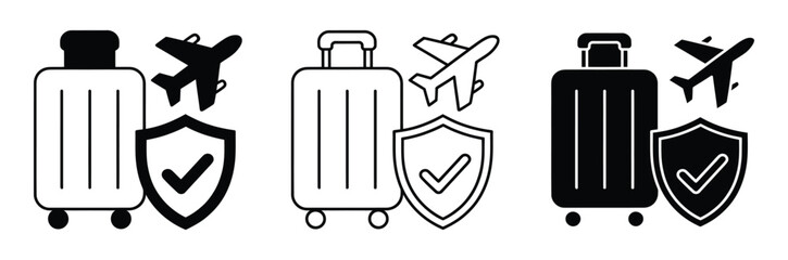 Travel security icons with suitcases, Airplanes and shields with checkmarks, Symbolizing safe travel and luggage protection © Welcome