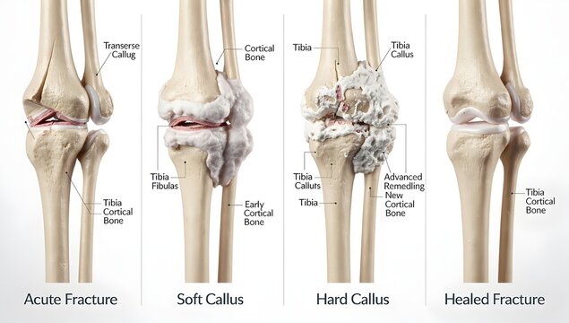 Diagram of tibia and fibula fracture healing stages showing visible callus growth and final alignment