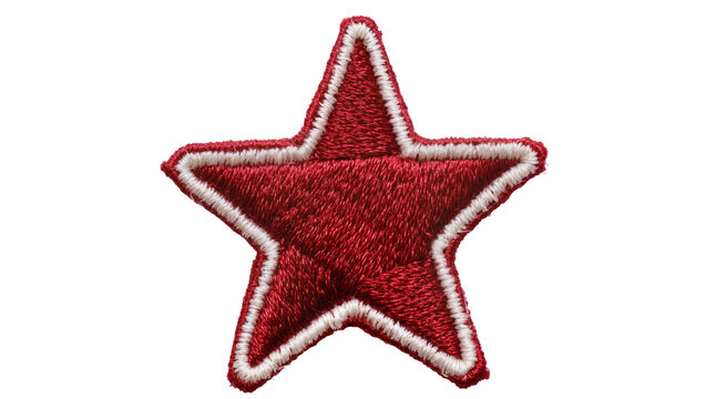 Red embroidered star patch with white stitching, isolated on transparent background