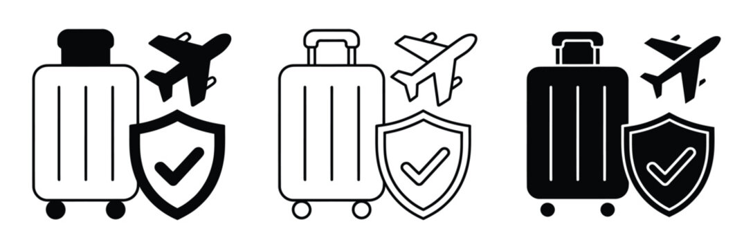 Travel security icons with suitcases, Airplanes and shields with checkmarks, Symbolizing safe travel and luggage protection