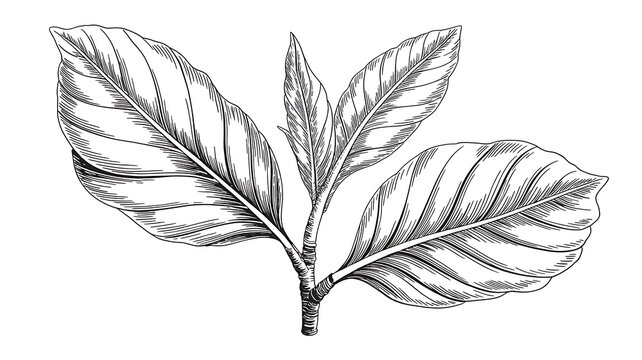Detailed illustration of three large green leaves attached to a stem