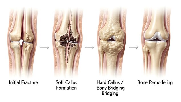 Ultra-realistic leg fracture evolution diagram, from fresh break to callus ossification and final bone remodeling, modern medical infographic, clear labels, precise anatomical detail