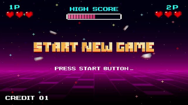 START NEW GAME play. Synthwave wireframe net illustration. pixel art 8 bit . Retro Futurism Sci-Fi Background. glowing neon grid and stars