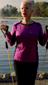 71 year old woman working out in the park with resistance bands. Vertical video.