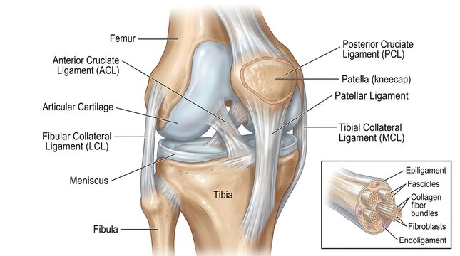 Oblique Anatomical Illustration of the Human Knee Joint Highlighting Femur, Tibia, Fibula, Menisci, Articular Cartilage, Fibular and Tibial Collateral Ligaments, Anterior and Posterior Cruciate Ligame