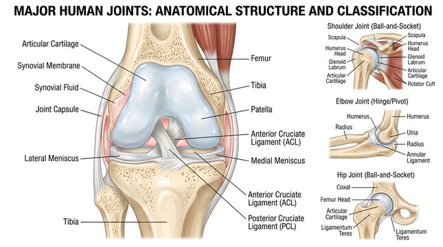 Integrated Anatomical Diagram of Major Human Synovial Joints Featuring Detailed Knee Joint with Articular Cartilage, Menisci, Cruciate Ligaments, Plus Comparative Insets of Shoulder, Elbow, and Hip Jo