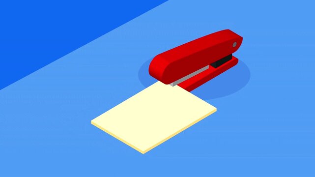 Red stapler punching on a paper sheet inside an isometric blue workspace background template.
