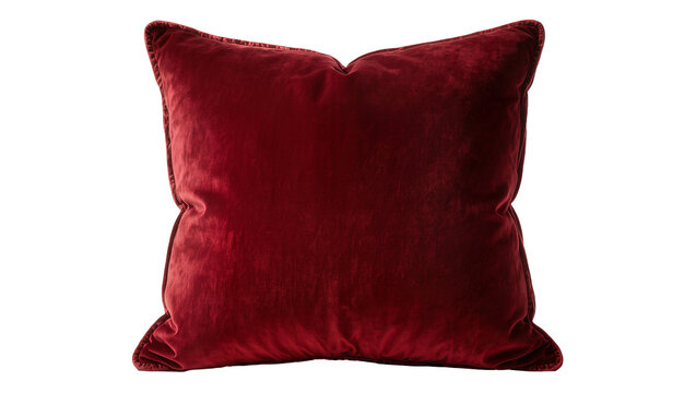 Plush deep red velvet throw pillow with piped edges, isolated on transparent background