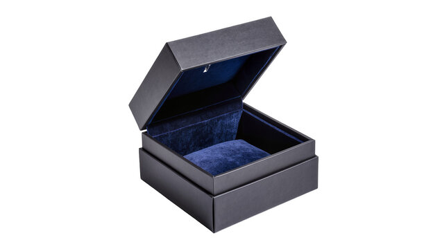 Dark gray textured gift box with plush blue velvet lining open lid, isolated on transparent background