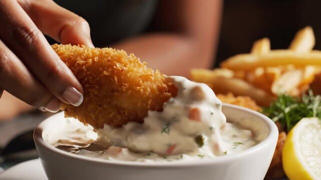 Hand dipping fried chicken tender into creamy sauce bowl with fries and garnish