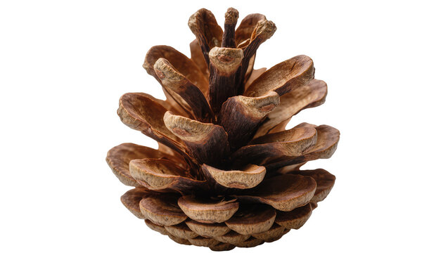 Detailed brown pine cone with woody scales, isolated on transparent background