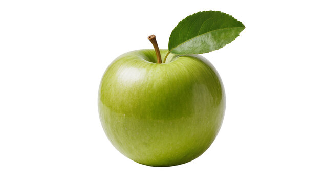 Shiny green apple with stem and leaf, isolated on transparent background