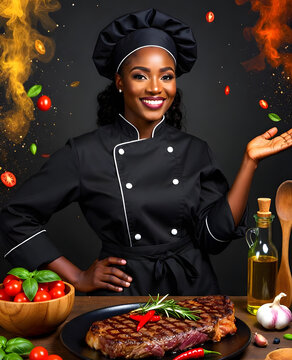 Smiling female chef in black uniform presenting gourmet grilled beef steak with dynamic floating ingredients and fire