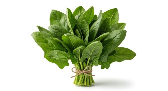 Bunch of fresh green spinach leaves tied with twine string isolated on white background