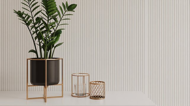 Green zamioculcas plant in a modern metal pot stand