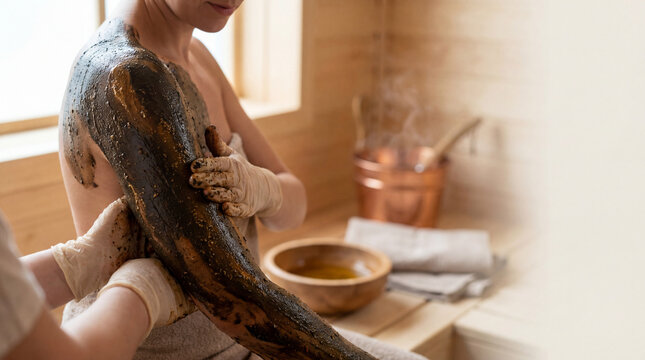 Mud wrap treatment on a woman's leg