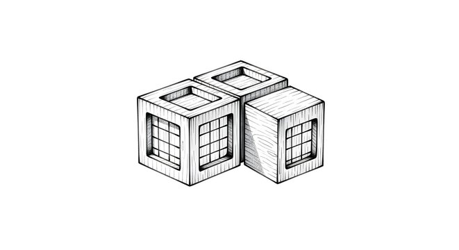 Three interconnected wireframe cubes abstract geometric illustration.