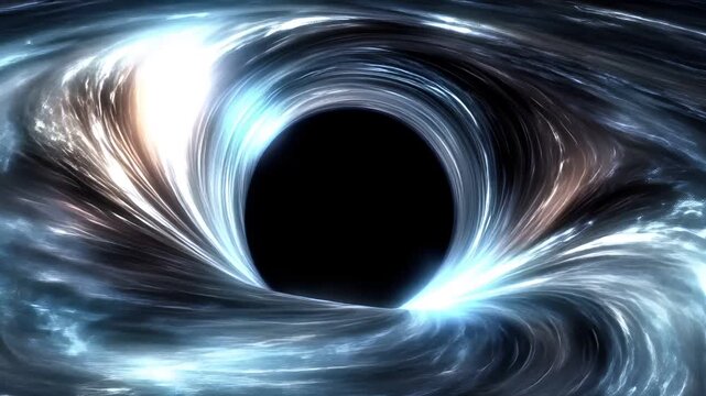 Black hole, fantasy, mysterious. A vivid digital artwork depicts a swirling vortex of light and shadow, resembling a black hole. The vortex is a mesmerizing blend of blue and white hues.