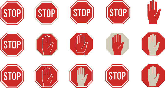Red stop signs and hand on white background, hand red octagons