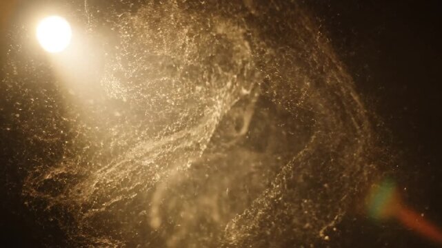 Single bright spotlight beam illuminating dense floating dust particles and golden debris suspended in the air against a dark background, showing light scattering and fine texture.