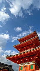 Obraz premium Traditional Japanese Pagoda Temple Against Blue Sky – Historic Asian Architecture Landmark