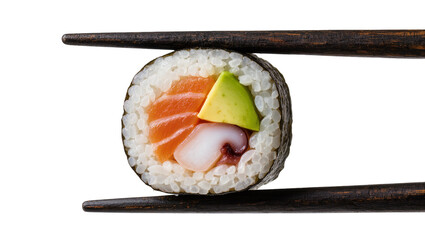 Sushi roll with salmon avocado and octopus held by chopsticks, isolated on transparent background © Maria