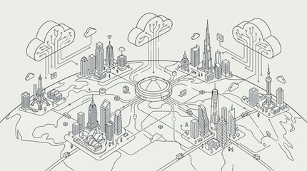 Obraz premium Connected Smart City Network with Cloud Computing and Global Data Flow