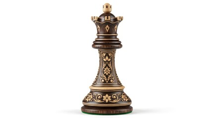 Fototapeta premium Elegant Handcrafted Wooden Chess Queen Piece with Intricate Floral Carvings Isolated on White Background