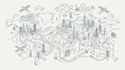 Obraz premium Global network map with cities, satellites, and digital connections