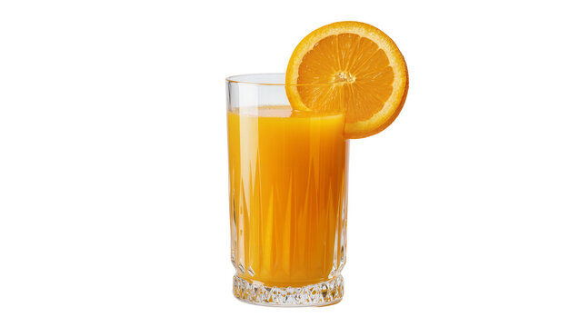 Tall glass of orange juice with fresh orange slice garnish, isolated on transparent background