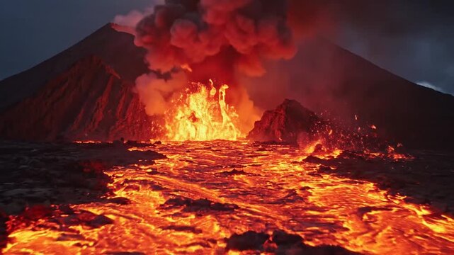 Intense volcanic eruption at night with bright orange molten lava flowing down the mountain slope while large plumes of dark ash and smoke rise into the sky from the crater.