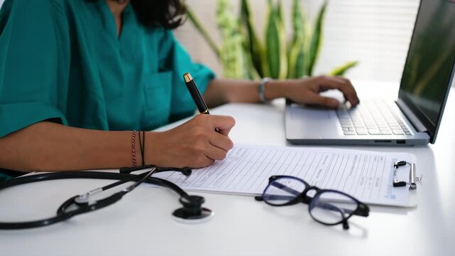 Person, dokter, nurse and hands writing with document for medical prescription, patient records or inusrance at hospital. closeup or doctor with notes or filling health form, survey or application

