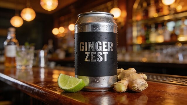 Ginger Zest soda aluminum can mockup with fresh ginger root and lime slice