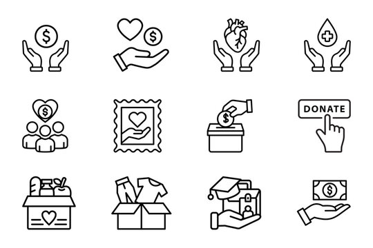 Charity and donation line icons collection featuring fundraising, humanitarian aid, healthcare support, food donation, education funding, volunteer programs and nonprofit services