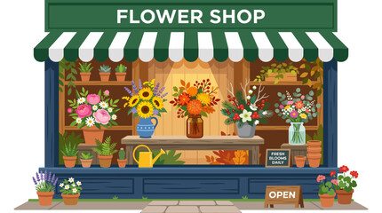 Obraz premium Vibrant Flower Shop storefront illustration with colorful blooms and an inviting atmosphere