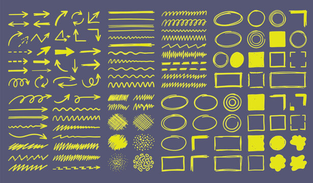 Hand drawn yellow highlighter marker elements set with brush strokes lines arrows circles rectangles and frames on dark background vector illustration