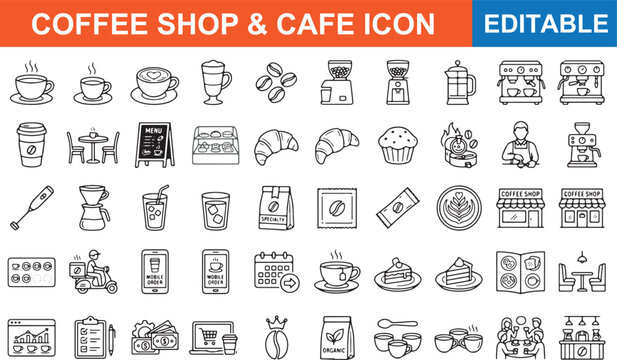 Editable coffee shop and cafe icons set