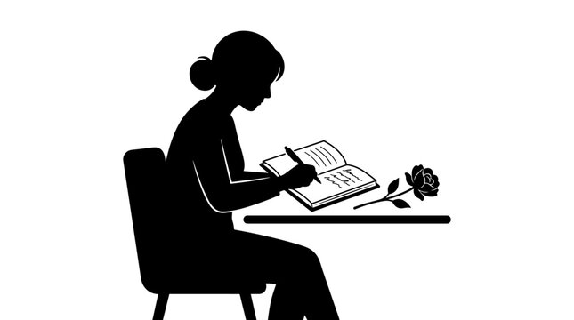 Silhouette illustration of a woman writing in a book with a rose depicting creativity and reflection