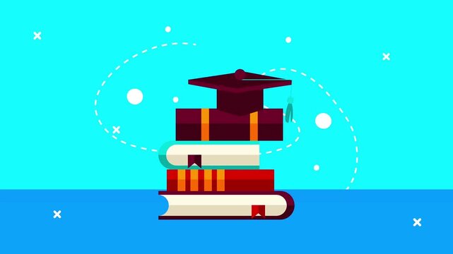 Graduation cap dropping onto a tall stack of colorful hardcover books on a blue background.